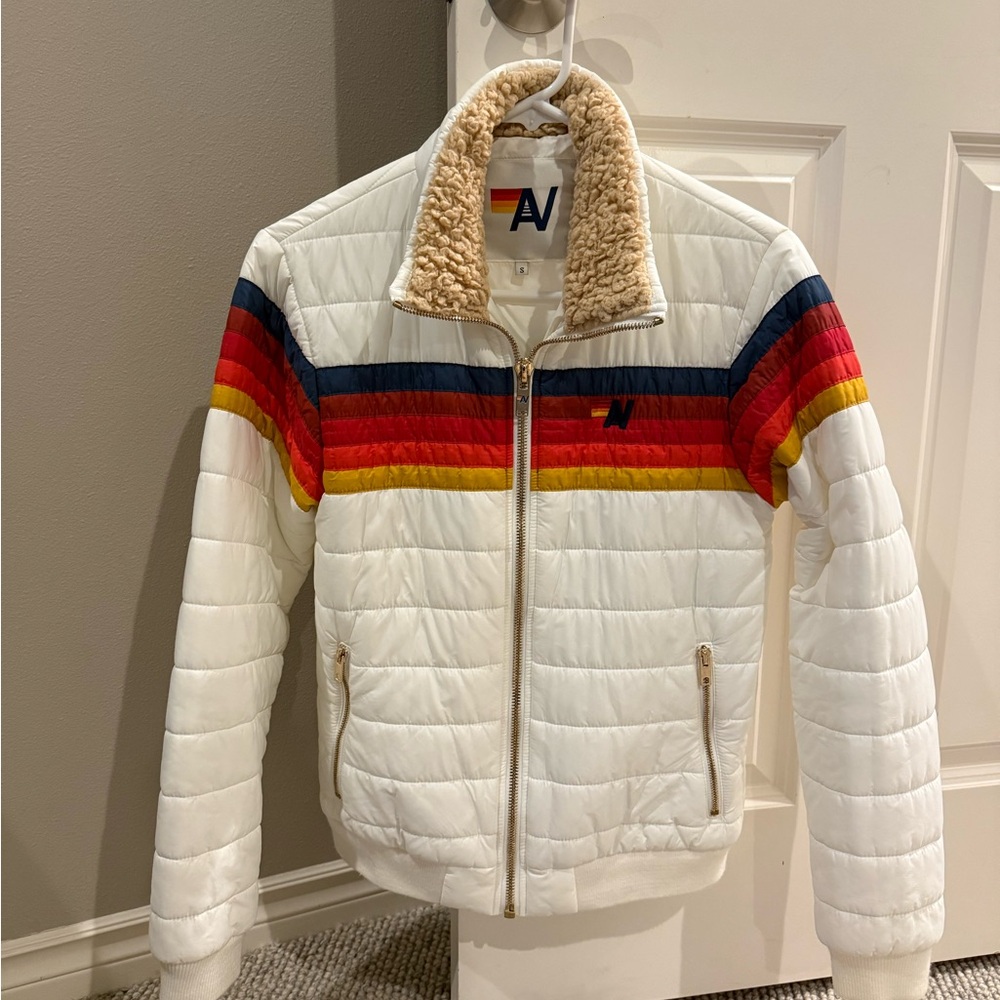 Aviator Nation White Puffer Jacket with Multicolor Stripes